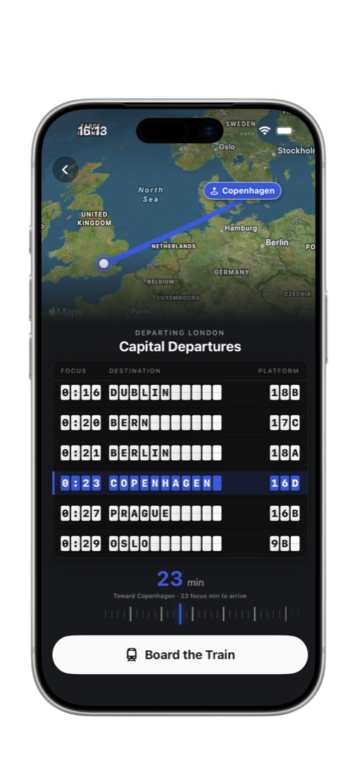 cuboo Capital Departures board showing trains to Dublin, Bern, Berlin, Copenhagen, Prague and Oslo