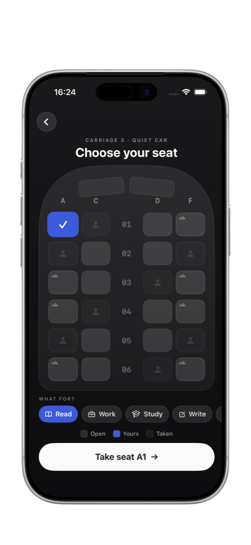 cuboo seat picker — choosing a seat in the quiet car and what to focus on