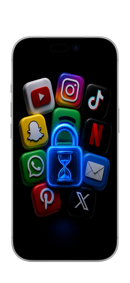 cuboo blocking distracting apps behind a glowing lock during a focus session