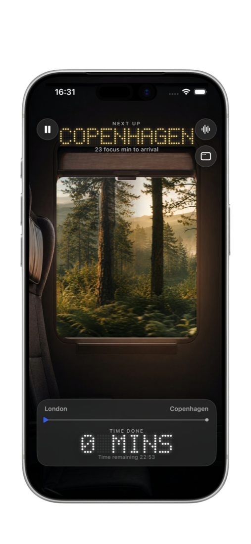 cuboo window seat — forest scenery rolls past with a focus timer counting up