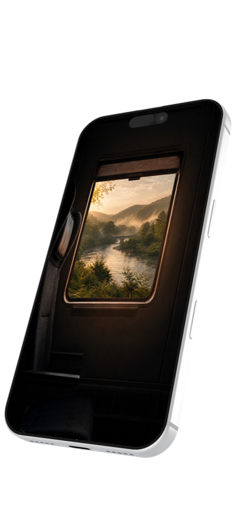 cuboo window seat — real scenery rolls past while your focus timer runs