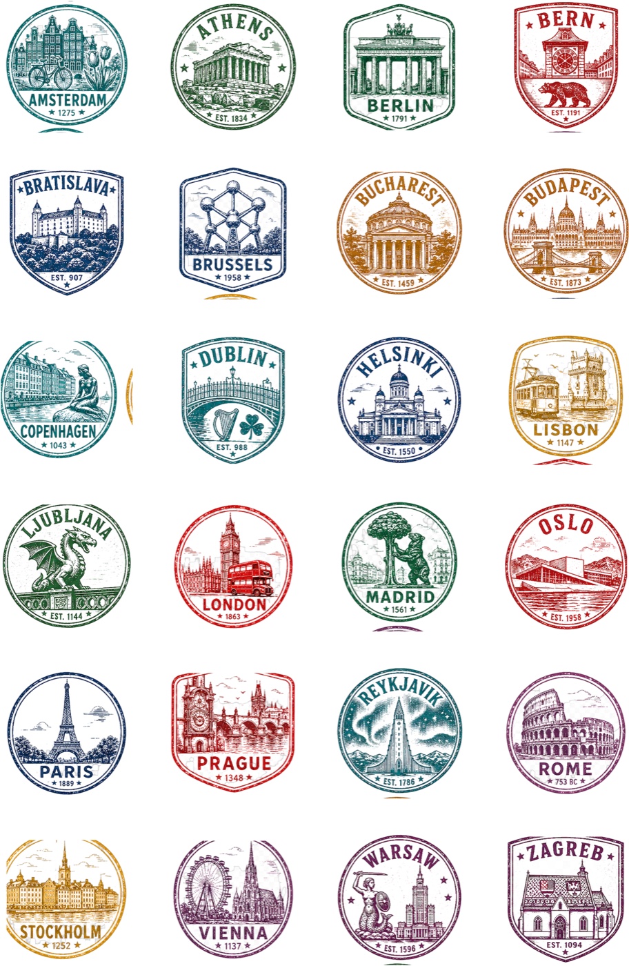 A passport page filled with hand-drawn stamps of 24 European capital cities including Amsterdam, Paris, Berlin, Rome and Reykjavík
